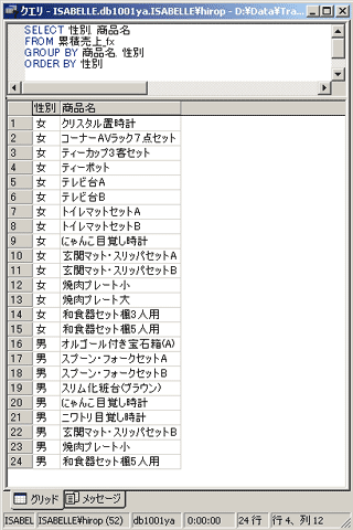 画面9：「性別」をキーに整列すると同じ結果となる(ex07.sql)