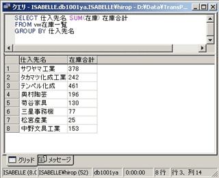 画面18：仕入先別の在庫数合計を求める（ex18.sql）